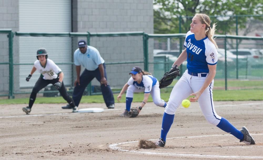 GVL / Kevin Sielaff - Ellie Balbach (11) throws a pitch toward home plate. Grand Valley State squares off against Wayne State in the second game of the Midwest Super Regional tournament. The Lakers came out with the victory with a final score of 1-0 on Thursday, May 12, 2016 in Detroit, MI. 