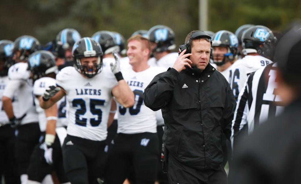 GVL / Kevin Sielaff -  Head coach Matt Mitchell decides not to celebrate too early as Grand Valley takes the lead.  Grand Valley defeats Ashland with a final score of 45-28 Nov. 22 at Ashland University.