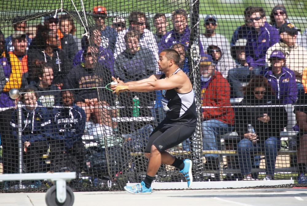 GVL/Kevin SielaffDarien Thornton participates in the Mens Hammer Throw event on the first day of competition. Grand Valley State University hosts, for the second year in a row, the annual NCAA Division II Track and Field Championship competitions Thursday, May 21, 2015 through Saturday, May 23, 2015. 