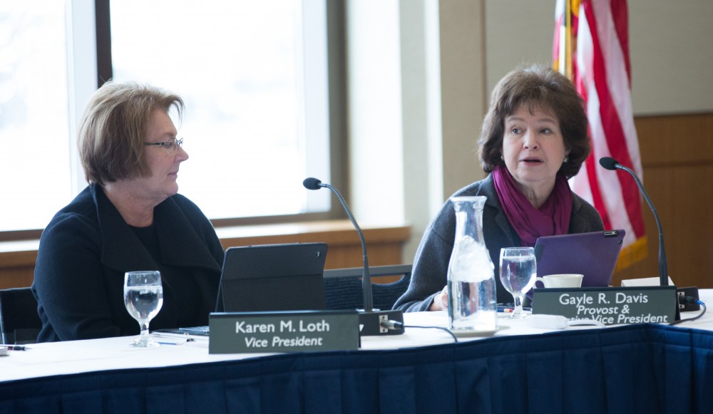 GVL / Kevin Sielaff - Provost Gayle Davis speaks at the Board of Trustees meeting on Friday, Feb. 12, 2016 in the Seidman College of Business on Grand Valleys Pew Campus.