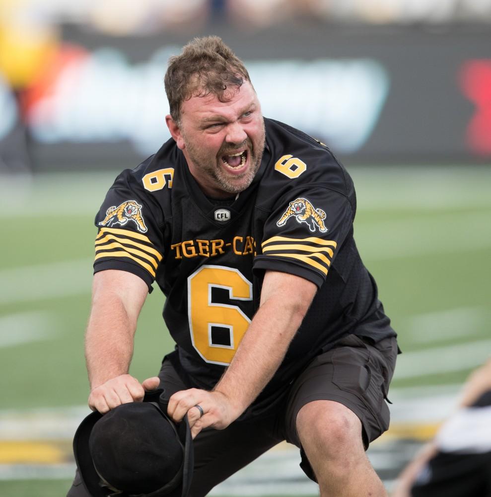 GVL/Kevin Sielaff - Pigskin Pete gets the crowd fired up before the match. The Hamilton Tiger-Cats square off against the Saskatchewan Roughriders Saturday, August 20, 2016 in Hamilton, Ontario. 