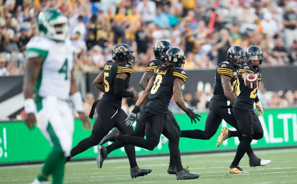 GVL/Kevin Sielaff - The Tiger-Cats celebrate an interception. The Hamilton Tiger-Cats square off against the Saskatchewan Roughriders Saturday, August 20, 2016 in Hamilton, Ontario. 