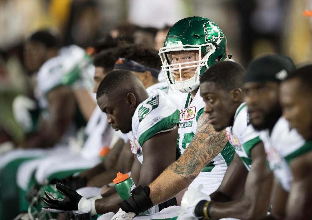 GVL/Kevin Sielaff - The Roughriders look toward the scoreboard, defeated. The Hamilton Tiger-Cats square off against the Saskatchewan Roughriders Saturday, August 20, 2016 in Hamilton, Ontario. 