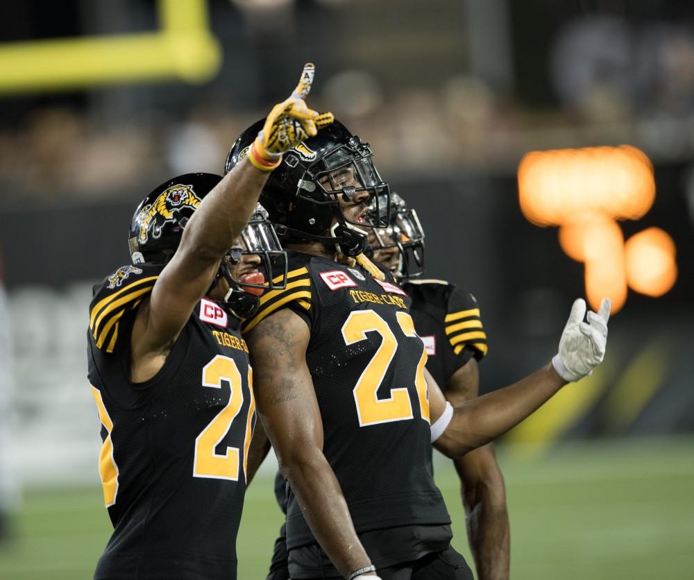 GVL/Kevin Sielaff - Courtney Stephen (22) celebrates an interception. The Hamilton Tiger-Cats square off against the Saskatchewan Roughriders Saturday, August 20, 2016 in Hamilton, Ontario. 