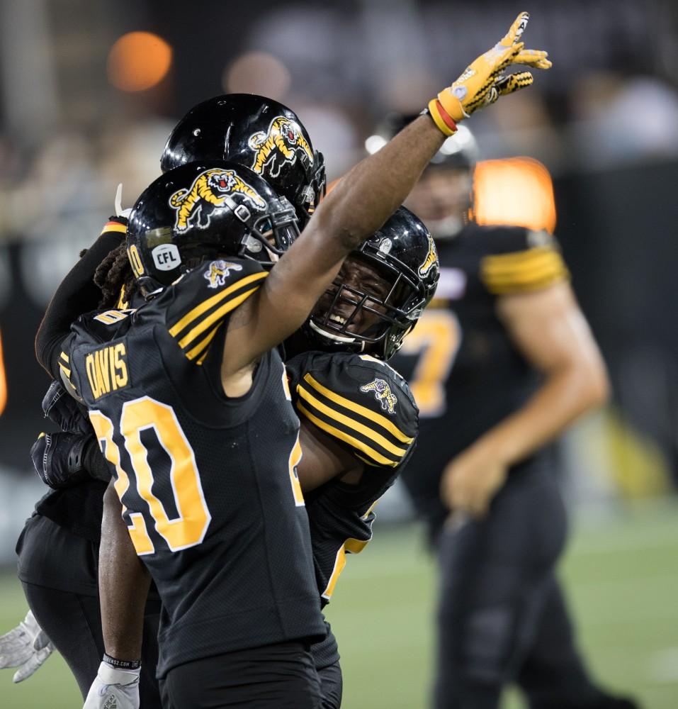 GVL/Kevin Sielaff - Courtney Stephen (22) celebrates an interception. The Hamilton Tiger-Cats square off against the Saskatchewan Roughriders Saturday, August 20, 2016 in Hamilton, Ontario. 