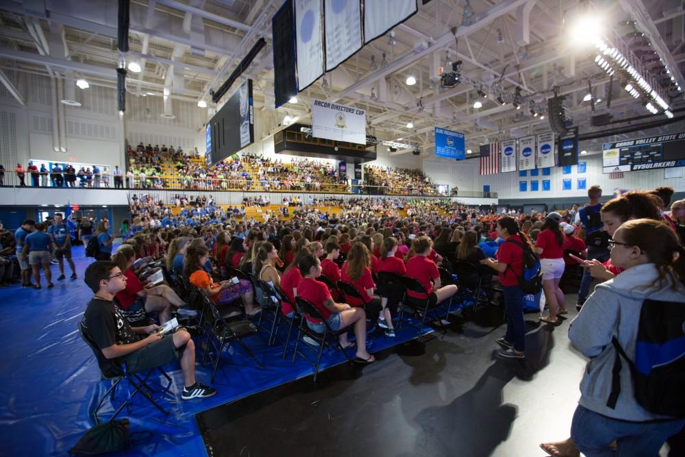 GVL/Kevin Sielaff - Students file into the Fieldhouse Arena for Grand Valley's annual Convocation ceremonies on Friday, August 26, 2016.  