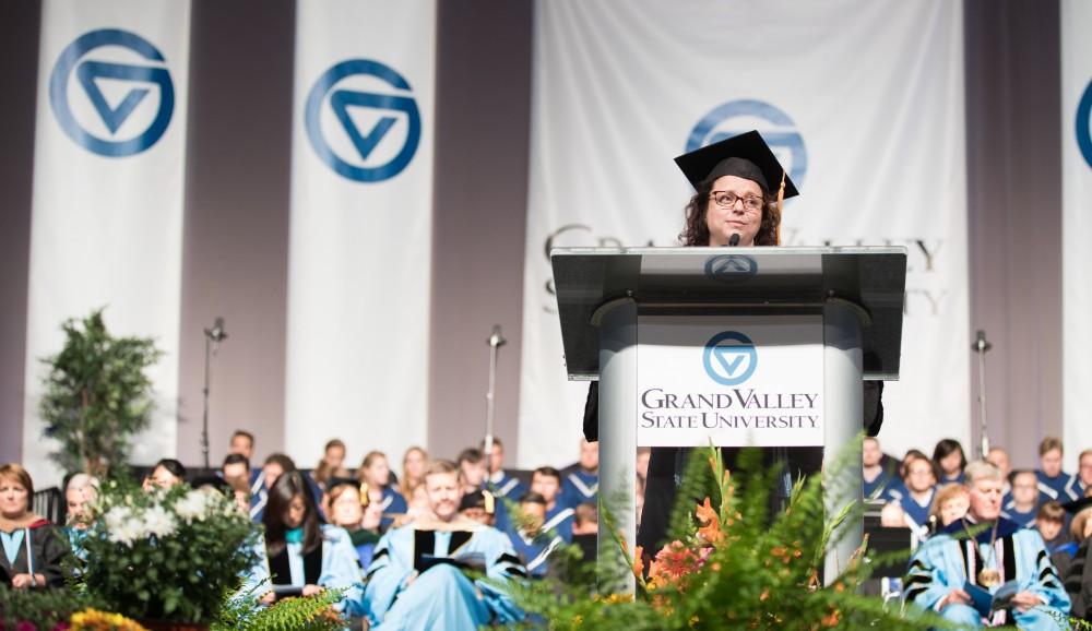 GVL/Kevin Sielaff - Professor of communication studies Danielle Leek speaks at Grand Valley's annual Convocation ceremonies on Friday, August 26, 2016.  