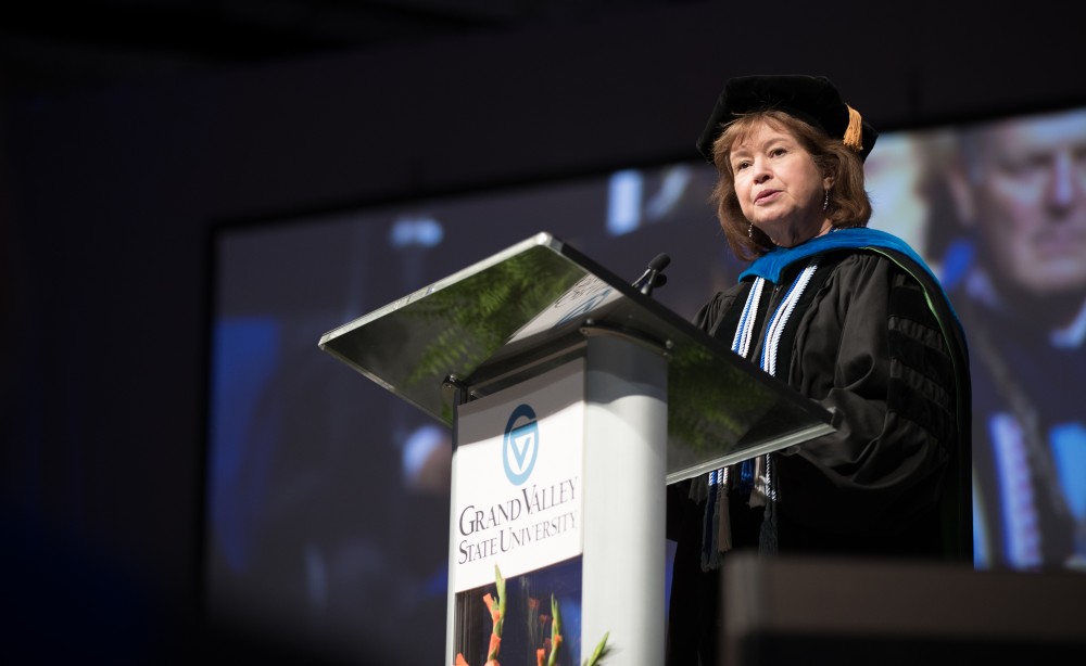 GVL/Kevin Sielaff - Provost Gayle Davis speaks at Grand Valley's annual Convocation ceremonies on Friday, August 26, 2016.  