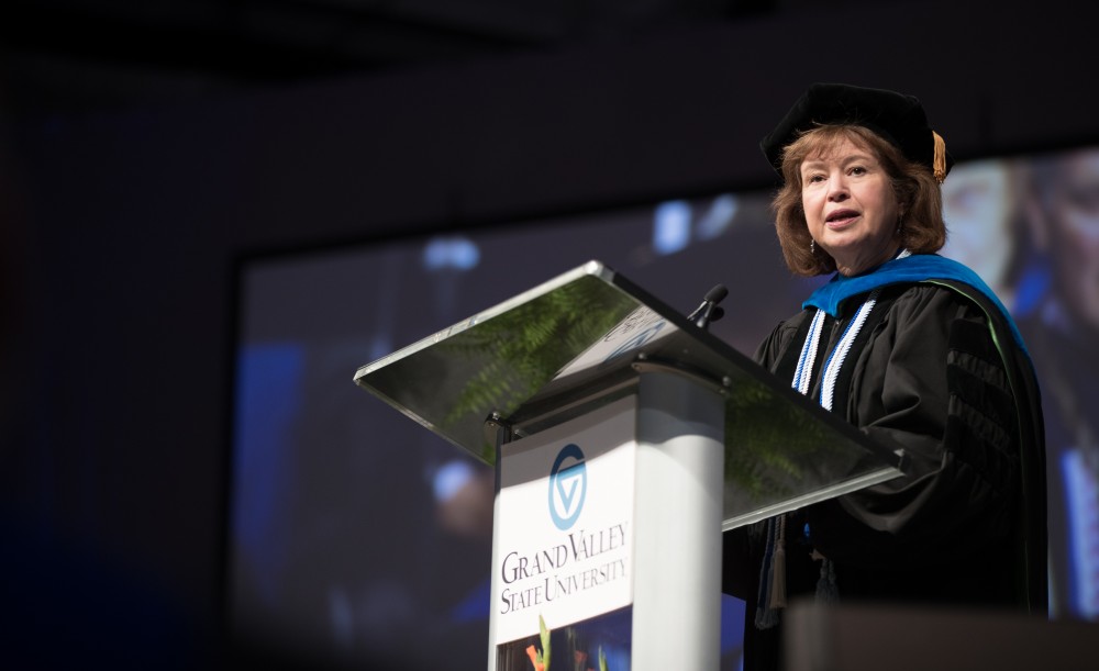 GVL/Kevin Sielaff - Provost Gayle Davis speaks at Grand Valley's annual Convocation ceremonies on Friday, August 26, 2016.  