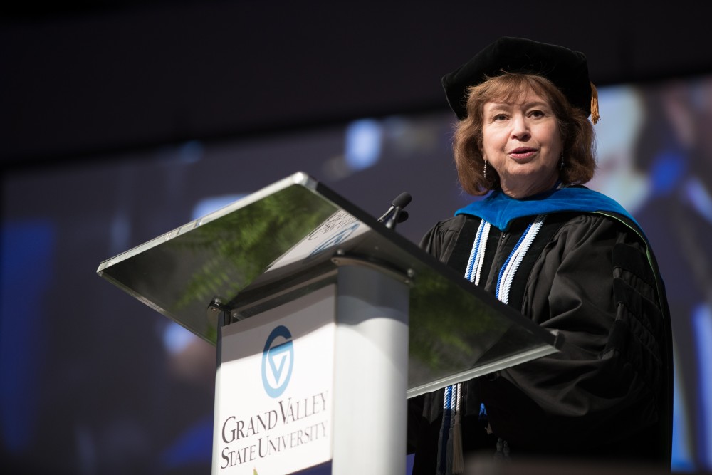 GVL/Kevin Sielaff - Provost Gayle Davis speaks at Grand Valley's annual Convocation ceremonies on Friday, August 26, 2016.  