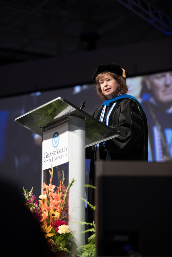 GVL/Kevin Sielaff - Provost Gayle Davis speaks at Grand Valley's annual Convocation ceremonies on Friday, August 26, 2016.  