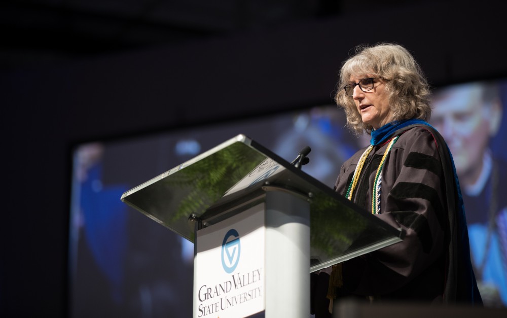 GVL/Kevin Sielaff - Karen Gibson speaks at Grand Valley's annual Convocation ceremonies on Friday, August 26, 2016.  