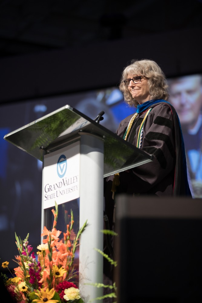 GVL/Kevin Sielaff - Karen Gibson speaks at Grand Valley's annual Convocation ceremonies on Friday, August 26, 2016.