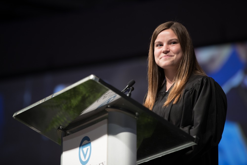 GVL/Kevin Sielaff - Student Senate President Ella Fritzemeier speaks at Grand Valley's annual Convocation ceremonies on Friday, August 26, 2016. 