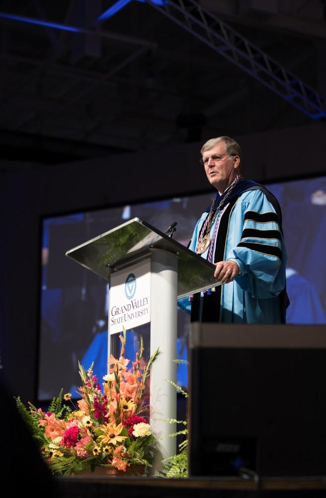 GVL/Kevin Sielaff - GVSU President Thomas Haas speaks at Grand Valley's annual Convocation ceremonies on Friday, August 26, 2016.