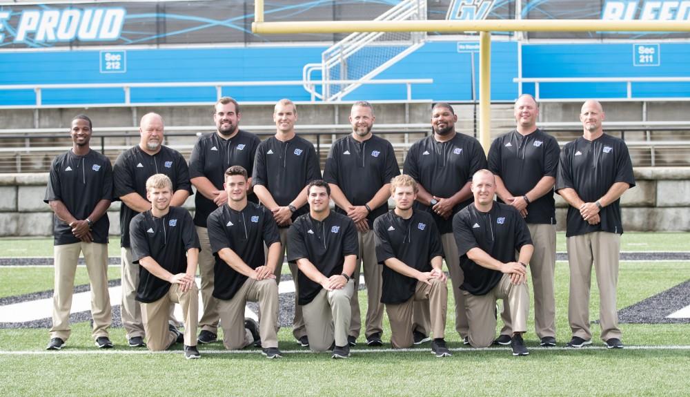 GVL / Kevin Sielaff - Grand Valley's football coaching staff poses for a photo. Grand Valley State football hosts its annual media day at Lubbers Stadium on Thursday, August 25, 2016. 