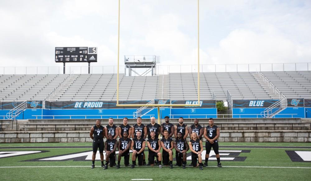 GVL / Kevin Sielaff - Grand Valley's football seniors pose for a photo. Grand Valley State football hosts its annual media day at Lubbers Stadium on Thursday, August 25, 2016. 