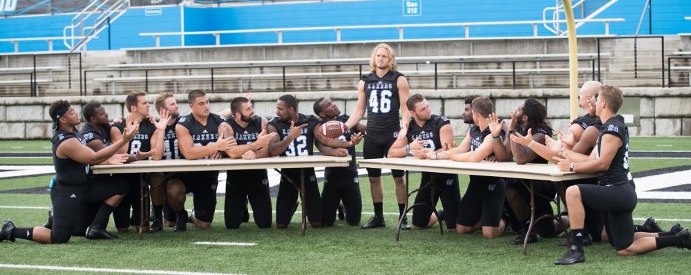 GVL / Kevin Sielaff - Grand Valley's football seniors pose for their senior photo. Grand Valley State football hosts its annual media day at Lubbers Stadium on Thursday, August 25, 2016. 