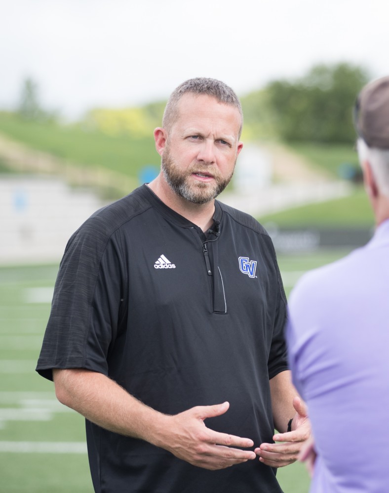 GVL / Kevin Sielaff - Head coach Matt Mitchell fields questions from reporters. Grand Valley State football hosts its annual media day at Lubbers Stadium on Thursday, August 25, 2016. 