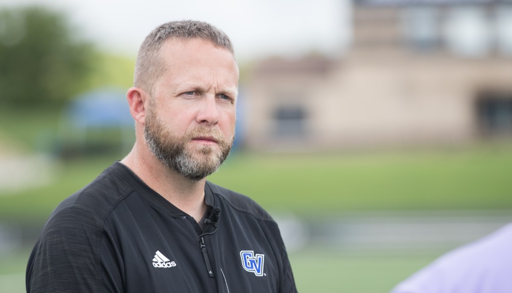 GVL / Kevin Sielaff - Head coach Matt Mitchell fields questions from reporters. Grand Valley State football hosts its annual media day at Lubbers Stadium on Thursday, August 25, 2016. 