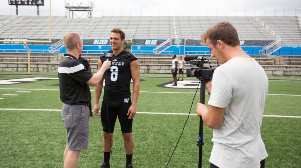 GVL / Kevin Sielaff - Joe Robbins fields questions from Grand Valley's Sports Information department. Grand Valley State football hosts its annual media day at Lubbers Stadium on Thursday, August 25, 2016. 