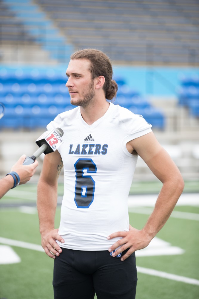 GVL / Kevin Sielaff - QB Bart Williams speaks with WZZM 13. Grand Valley State football hosts its annual media day at Lubbers Stadium on Thursday, August 25, 2016. 