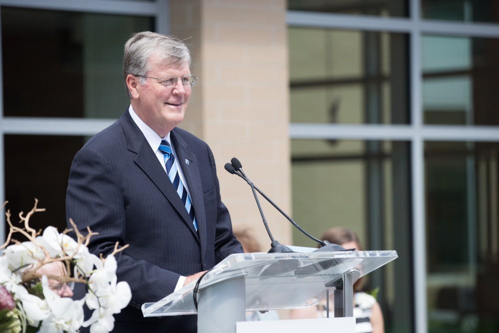 GVL/Kevin Sielaff - President Thomas Haas speaks at the Holton-Hooker Learning and Living Center dedication on Friday, August 26, 2016.   