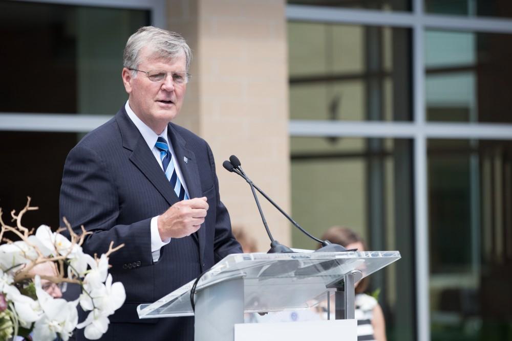 GVL/Kevin Sielaff - President Thomas Haas speaks at the Holton-Hooker Learning and Living Center dedication on Friday, August 26, 2016.   