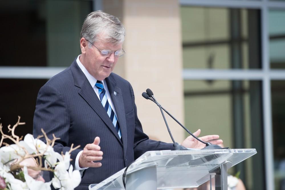 GVL/Kevin Sielaff - President Thomas Haas speaks at the Holton-Hooker Learning and Living Center dedication on Friday, August 26, 2016.   