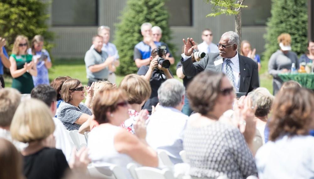 GVL/Kevin Sielaff - James Moyer is honored at the Holton-Hooker Learning and Living Center dedication on Friday, August 26, 2016.   