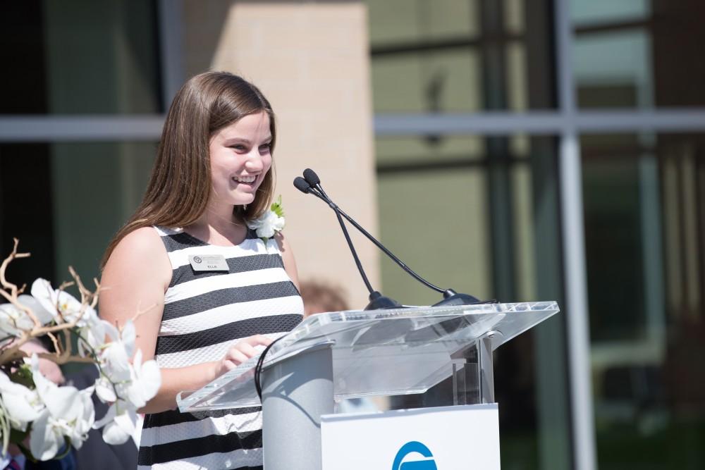 GVL/Kevin Sielaff - Student Senate President Ella Fitzemeier speaks at the Holton-Hooker Learning and Living Center dedication on Friday, August 26, 2016.   