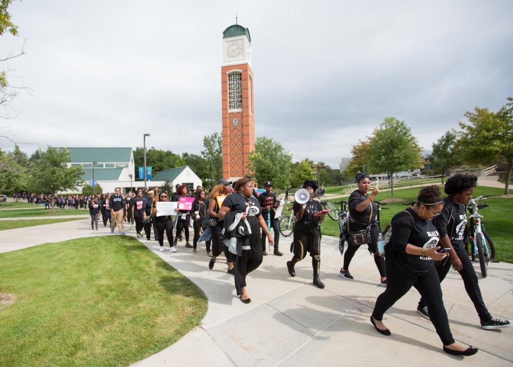 GVL/Kevin Sielaff - Grand Valley's NAACP chapter holds a campus wide demonstration in protest of police brutality Friday, Sept. 23, 2016 in Allendale.