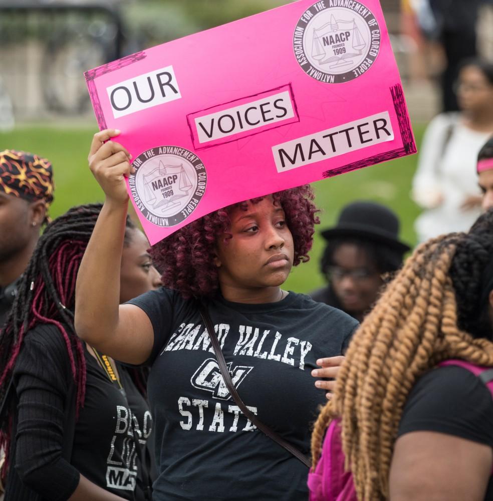 GVL/Kevin Sielaff - Grand Valley's NAACP chapter holds a campus wide demonstration in protest of police brutality Friday, Sept. 23, 2016 in Allendale.