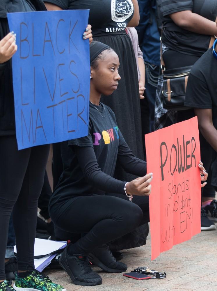 GVL/Kevin Sielaff - Grand Valley's NAACP chapter holds a campus wide demonstration in protest of police brutality Friday, Sept. 23, 2016 in Allendale.