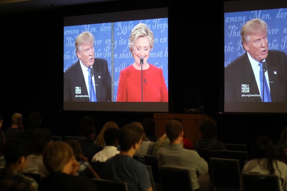 Students watch the first presidential debate between Donald Trump and Hillary Clinton in the Mary Idema Pew Multipurpose Room Monday, Sept. 26.