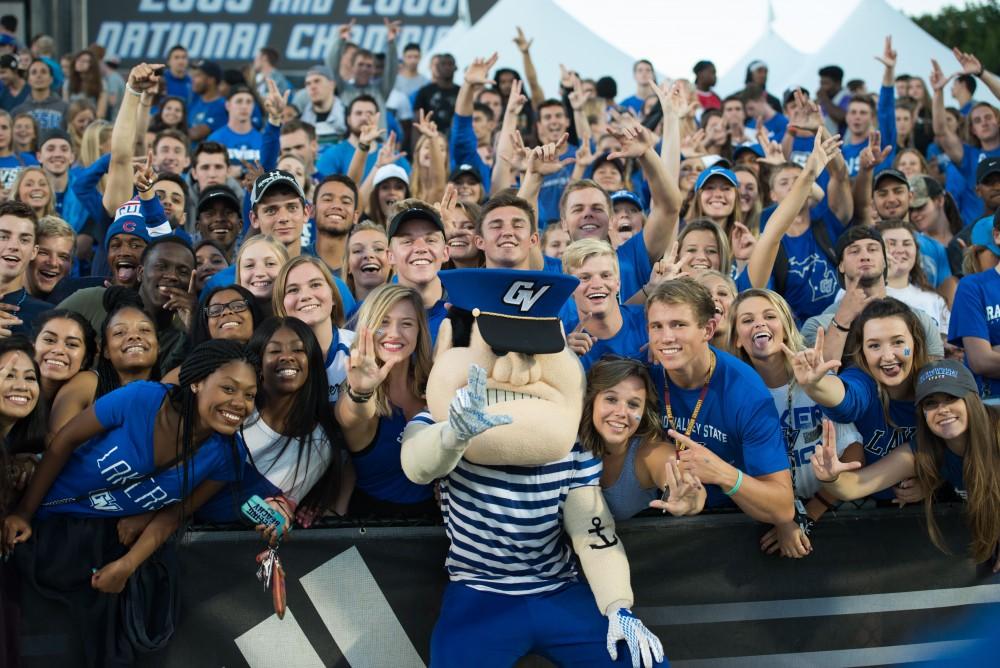 GVL / Luke Holmes - Fans persist through the rain during the first half of the game. GVSU defeated Lake Erie College 55-7 on Saturday, Sep. 10, 2016.