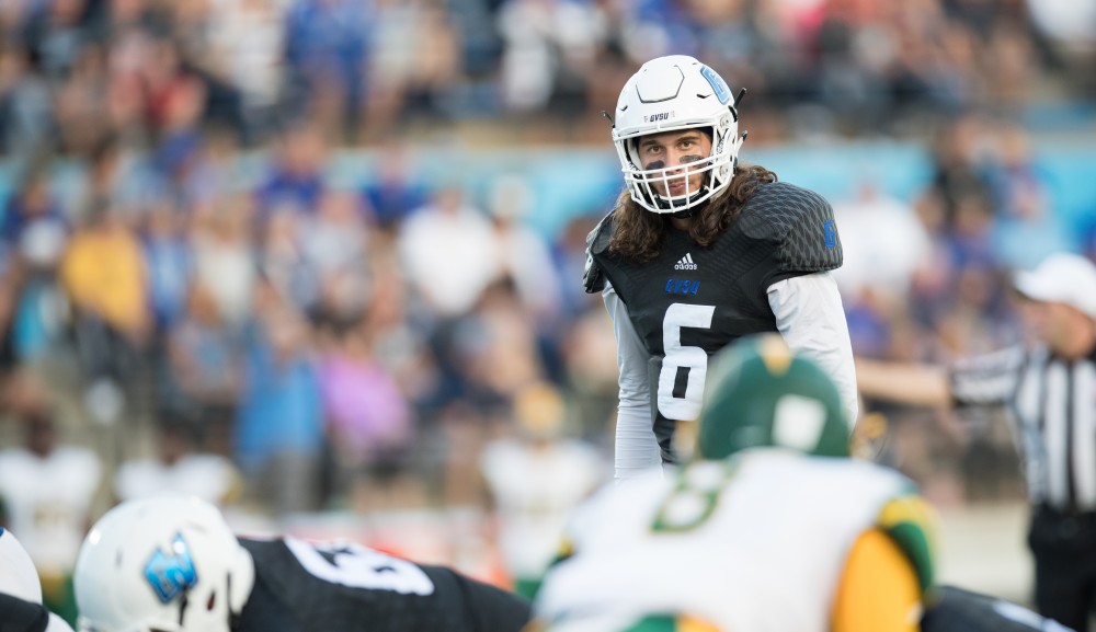 GVL/Kevin Sielaff - QB Bart Williams (6) looks toward Grand Valley's bench before receiving the football. The Lakers defeat the Wildcats of Northern Michigan with a final score of 50-24 on Saturday, Sept. 17, 2016 in Allendale.