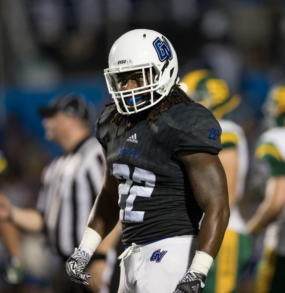 GVL/Kevin Sielaff - Terrell Dorsey (22). The Lakers defeat the Wildcats of Northern Michigan with a final score of 50-24 on Saturday, Sept. 17, 2016 in Allendale.