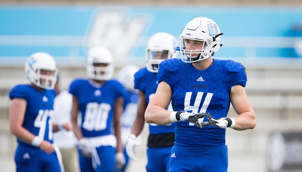 GVL/Luke Holmes - Nick Keizer warms up before the start of the match. Grand Valley defeats Tiffin with a final score of 45-7 on Thursday, September 1, 2016 at Lubbers Stadium.