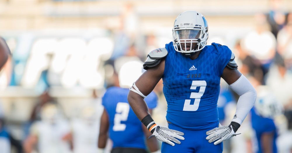 GVL/Kevin Sielaff - Sydney Omameh (3) looks toward the sideline for direction. Grand Valley defeats Tiffin with a final score of 45-7 on Thursday, September 1, 2016 at Lubbers Stadium.