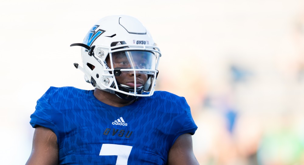 GVL/Kevin Sielaff - David Talley (7) looks toward the line of scrimmage and waits for the play. Grand Valley defeats Tiffin with a final score of 45-7 on Thursday, September 1, 2016 at Lubbers Stadium.