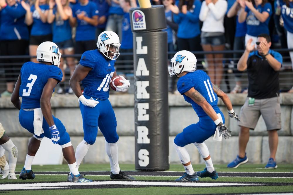 GVL/Kevin Sielaff - Urston Smith (10) celebrates a touchdown reception. Grand Valley defeats Tiffin with a final score of 45-7 on Thursday, September 1, 2016 at Lubbers Stadium.