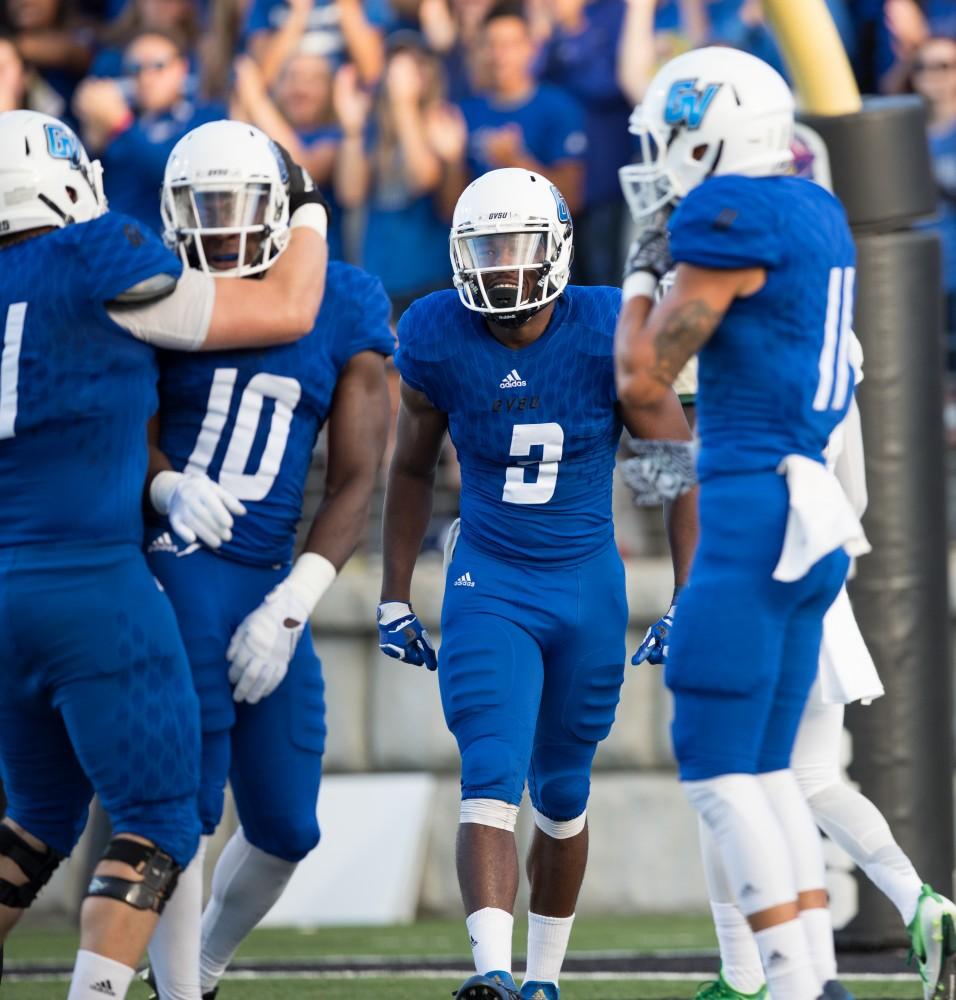 GVL/Kevin Sielaff - Brandon Bean (3) celebrates a GV touchdown. Grand Valley defeats Tiffin with a final score of 45-7 on Thursday, September 1, 2016 at Lubbers Stadium.