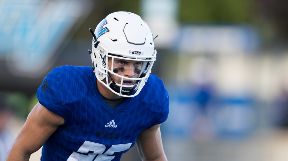 GVL/Kevin Sielaff - Garrett Pougnet (25) stares down Tiffin's offensive line. Grand Valley defeats Tiffin with a final score of 45-7 on Thursday, September 1, 2016 at Lubbers Stadium.