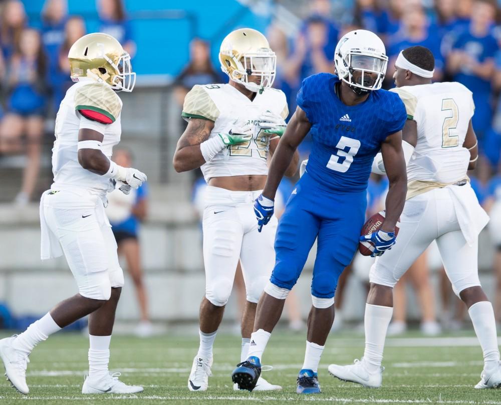 GVL/Kevin Sielaff - Brandon Bean (3) celebrates a reception. Grand Valley defeats Tiffin with a final score of 45-7 on Thursday, September 1, 2016 at Lubbers Stadium.