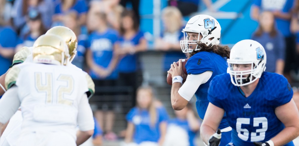 GVL/Kevin Sielaff - Bart Williams (6) scans downfield and looks to pass. Grand Valley defeats Tiffin with a final score of 45-7 on Thursday, September 1, 2016 at Lubbers Stadium.