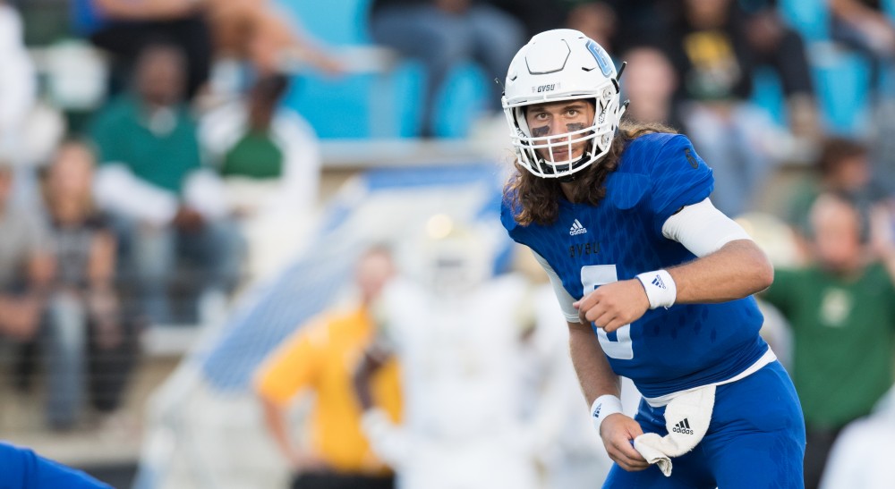 GVL/Kevin Sielaff - Bart Williams (6) looks to the sideline. Grand Valley defeats Tiffin with a final score of 45-7 on Thursday, September 1, 2016 at Lubbers Stadium.