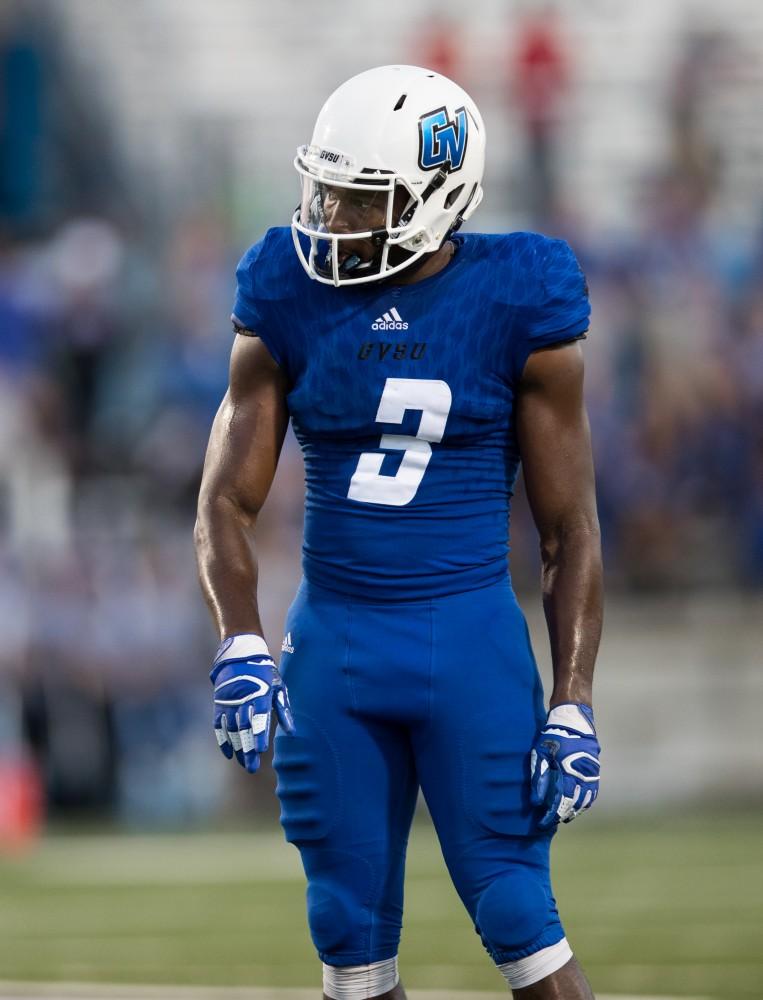 GVL/Kevin Sielaff - Brandon Bean (3) looks toward the end zone. Grand Valley defeats Tiffin with a final score of 45-7 on Thursday, September 1, 2016 at Lubbers Stadium.