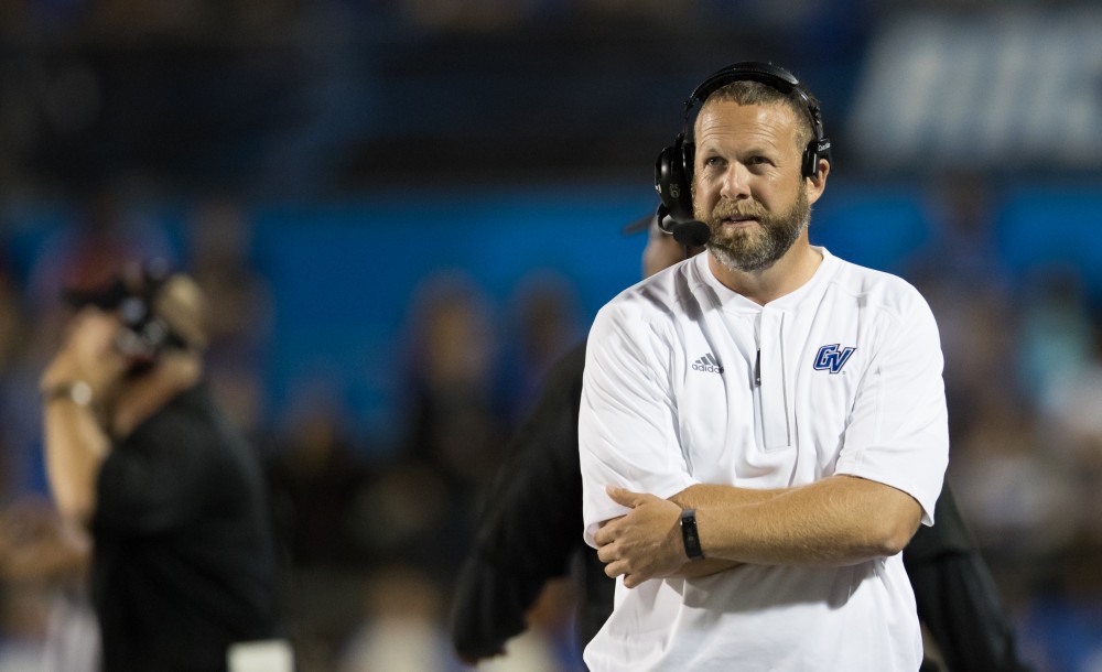 GVL/Kevin Sielaff - Head coach Matt Mitchell looks toward the play. Grand Valley defeats Tiffin with a final score of 45-7 on Thursday, September 1, 2016 at Lubbers Stadium.