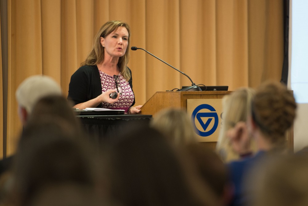 GVL / Luke Holmes - Marlene Kowalski-Braun speaks at the beginning of Ignite in the Grand River Room on Tuesday, Sep. 6, 2016.